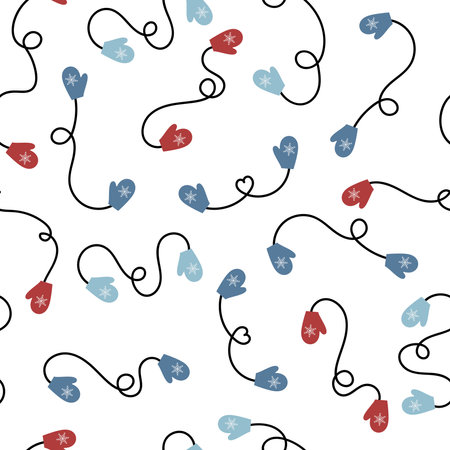 Hand drawn doodle mittens seamless pattern illustration on white background. Vector graphic design for textile, postcard, wrapping paper, fabric, social media, sale, christmas winter backgrounds.のイラスト素材