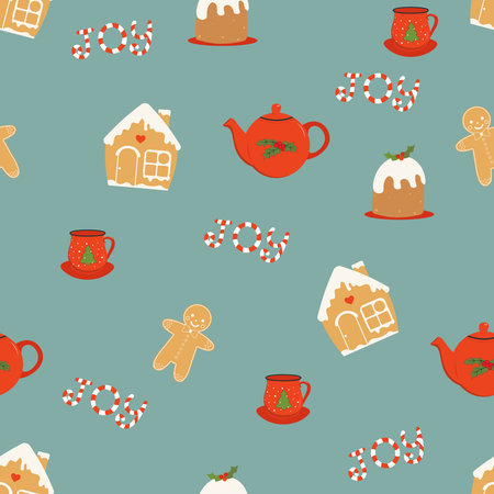 Hand drawn doodle cute gingerbread, teapots, cups, cookies, candy cane seamless pattern illustration on green background. Vector design for textile wrapping paper, fabric, christmaのイラスト素材