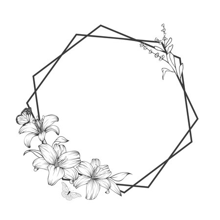 Hand drawn black lily flowers and hexagon frame with butterflies on white background.のイラスト素材