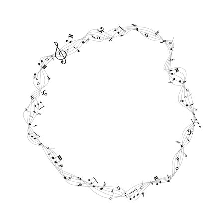 Black music staff and various notes round wave frame on white background. Musical notes melody vector illustration for sound, song, presentation, banner,  poster, audio, cover, card design and more.のイラスト素材