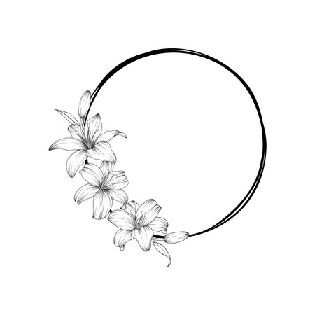 Hand drawn black lily flower round grunge wreath in cute doodle style. Luxury elegant vector illustration for wedding invitations, birthday, quotes, thank you card, cosmetics. Copy space for text.のイラスト素材