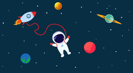 Set of astronaut, rocket and planets in space on dark background. Cute flat vector illustration for kids birthday party invitation card design, back to school concept, copy space for your text.のイラスト素材
