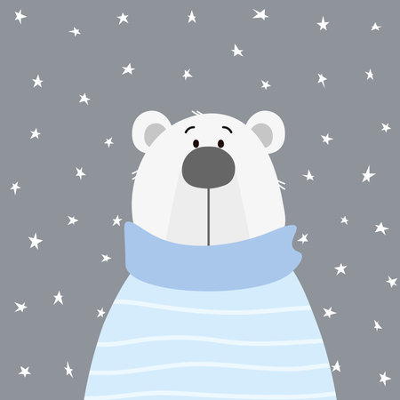 Cute hand drawn polar bear with stars. Hand drawn cartoon bear. Vector illustration for postcard, Christmas, New Year, print, fabric, kids wear, social media congratulation, sale banner.のイラスト素材