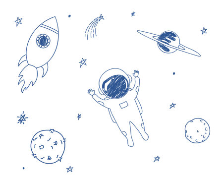 Hand drawn blue happy astronaut, planets and stars in cute childish doodle style on white background. Vector illustration for cover, print, fabric, textile, patterns, baby and kids apparel and more.のイラスト素材