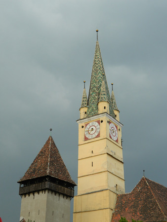 Medieval German Lutheran church of Medias, detail of the clock tower, Medias, Romaniaの写真素材
