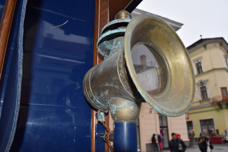 Lamp  on old wagon with Matache Macelaru charcuterie.の写真素材