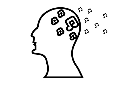 Music notes in side head silhouette outline on white background.のイラスト素材