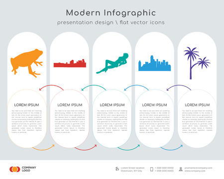 Infographics design vector and black frog, black new orleans, black woman lying down, black dallas sky, black palmetto tree icons can be used for workflow layout, diagram, annual report, web design.のイラスト素材