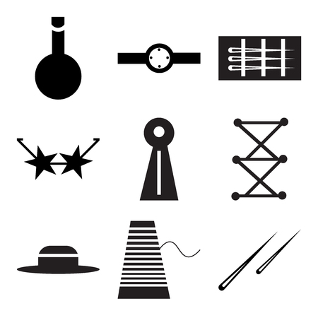 Set Of 9 simple editable icons such as Hair sticks couple, Thread, Sewing thimble, Cord crosses of clothes, Wheel furniture, Glasses of cat eyes shape, Needles set, Ring with oval shaped de, Nailのイラスト素材