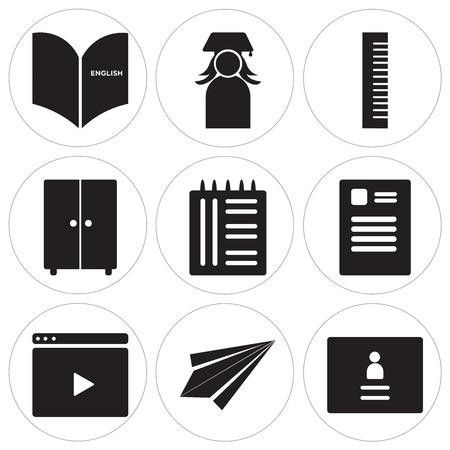 Set Of simple editable icons such as Yearbook, Paper plane, Learning, Newspaper, Notebook, Lockers, Set square, Graduate, Padlock, can be used for mobile, web UIのイラスト素材