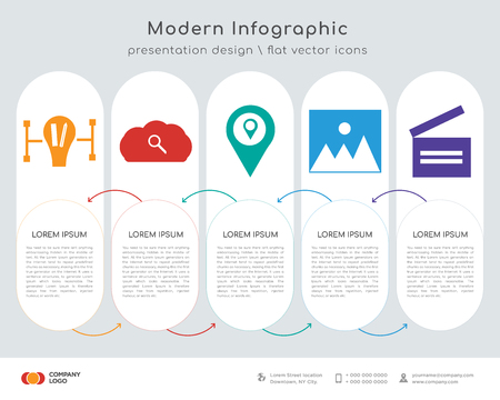 Infographics design vector and  , Loupe, Gps, Image, Clapperboard icons can be used for workflow layout, diagram, annual report, web design. Business concept with 5 options, steps orのイラスト素材