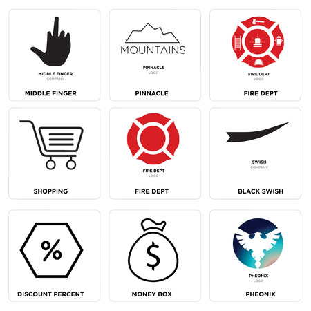 Set of 9 simple editable icons such as phoenix, money box, discount percent, black swish, fire dept, shopping, pinnacle, middle finger, can be used for mobile, web.のイラスト素材