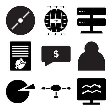 Set Of simple editable icons such as Analytic on computer, Cloudes, Pie chart, User, Money, Chart document, Server, World, Disc, can be used for mobile, web.のイラスト素材