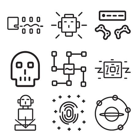 Set Of simple editable icons such as Outer space, Fingerprint scan, Hologram, Robot, Voice recognition, Skull, Game console, Artificial intelligence, Robots, can be used for mobile, web.のイラスト素材