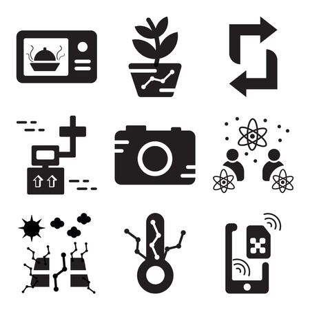 Set Of 9 simple editable icons such as Sim, Thermometer, Solar panel, Knowledge, Digital camera, Drone, Recycle, Gardening, Microwave, can be used for mobile, webのイラスト素材