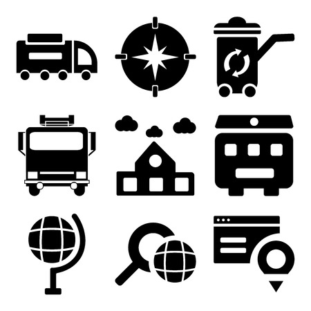 Set Of 9 simple editable icons such as Map, Search, Globe, Recycling bin, School, Fire truck, Recycle Compass, Road sweeper, can be used for mobile, webのイラスト素材