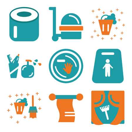 Set Of 9 simple editable icons such as Window, Towel, Bucket, Slippery, Dish, Toothbrush, Cleaner, Toilet paper, can be used for mobile, web.のイラスト素材
