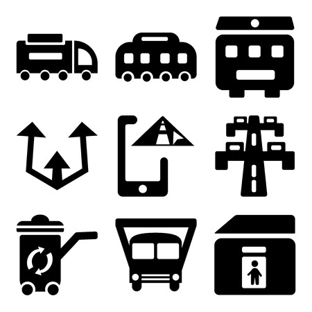 Set Of 9 simple editable icons such as Toilet, School bus, Recycle bin, Highway, GPS, Turn, Recycling Bus, Road sweeper, can be used for mobile, web.のイラスト素材