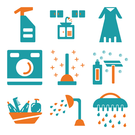 Set Of 9 simple editable icons such as Brush, Shower, Shelf, Shave, Plunger, Washing machine, Bathrobe, Kitchen, Spray, can be used for mobile, webのイラスト素材