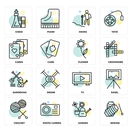Set Of 16 icons such as Sewing, Garden, Photo camera, Crochet, Easel, Chess, Cards, Gardening, Flower on transparent background, pixel perfectのイラスト素材