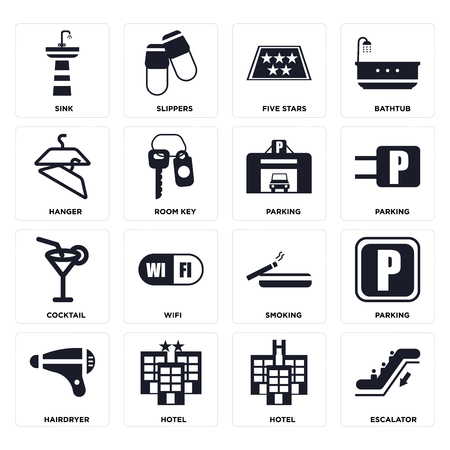 Set Of 16 icons such as Escalator, Hotel, Hairdryer, Parking, Sink, Hanger, Cocktail on transparent background, pixel perfectのイラスト素材