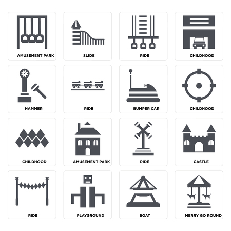 Set Of 16 icons such as Merry go round, Boat, Playground, Ride, Castle, Amusement park, Hammer, Childhood, Bumper car on transparent background, pixel perfectのイラスト素材