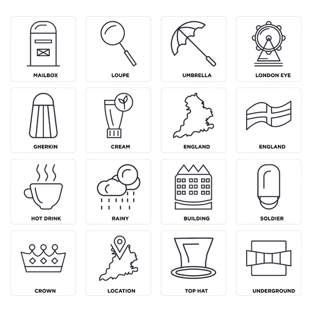 Set Of 16 icons such as Underground, Top hat, Location, Crown, Soldier, Mailbox, Gherkin, Hot drink, England, web UI editable icon pack, pixel perfectのイラスト素材
