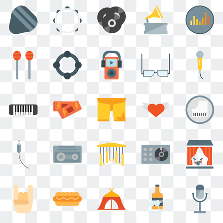 Set Of 25 transparent icons such as Microphone, Whisky, Tent, Hot dog, Hand, Wing, Chimes, Audio jack, Maracas, Vinyl, Tambourine, web UI transparency icon packのイラスト素材
