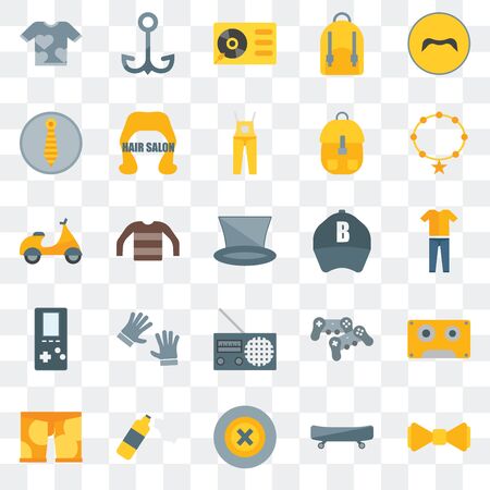 Set Of 25 transparent icons such as Bow tie, Boards, Buttons, Foam, Clothing, Accessory, Baseball cap, Radio,   Turntable, Navy, web UI transparency icon packのイラスト素材