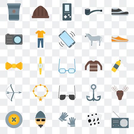Set Of 25 transparent icons such as Radio, Leisure, Accessory, Hipster, Buttons, Sneakers, Long sleeves, Sunglasses, Archery, Photo camera,  Accessory, web UI transparency icon packのイラスト素材