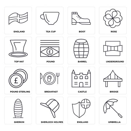 Set Of 16 icons such as Umbrella, England,  Gherkin, Bridge, Top hat, Pound sterling, Barrel, web UI editable icon pack, pixel perfectのイラスト素材