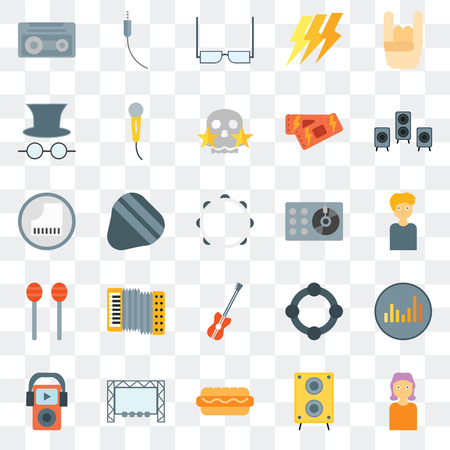 Set Of 25 transparent icons such as Woman, Speaker, Hot dog, Big screen, Mp3, Turntable, Bass guitar, Maracas, Hat and glasses, Eyeglasses, Audio jack, web UI transparency icon packのイラスト素材