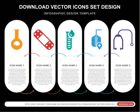 5 vector icons such as Flask, aid, Blood test, Transfusion, Stethoscope for infographic, layout, annual report, pixel perfect iconのイラスト素材