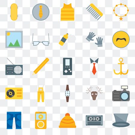Set Of 25 transparent icons such as Accessory, Cassette, Winter hat,  Clothing, Mustache, Tie, Wristwatch, Turntable, Picture, web UI transparency icon packのイラスト素材