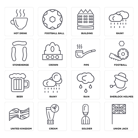 Set Of 16 icons such as Union jack, Soldier, Cream, United kingdom, Sherlock holmes, Hot drink, Stonehenge, Beer, Pipe, web UI editable icon pack, pixel perfectのイラスト素材