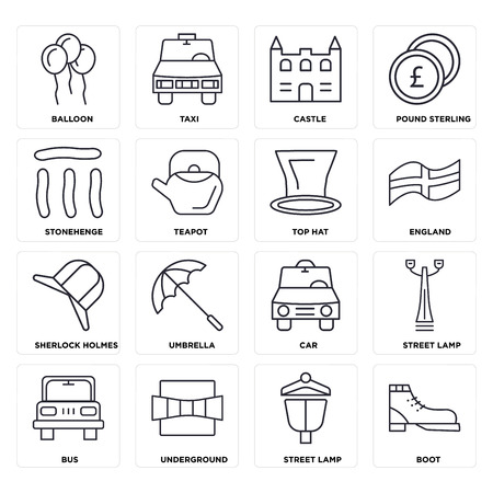 Set Of 16 icons such as Boot, Street lamp, Underground, Bus, Balloon, Stonehenge, Top hat, web UI editable icon pack, pixel perfectのイラスト素材