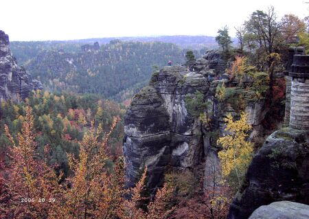View of the Bastei in the Elbe Sandstone Mountainsの写真素材