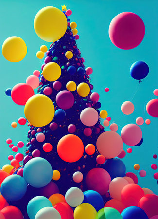 Christmas tree with balloons flying in the skyの写真素材