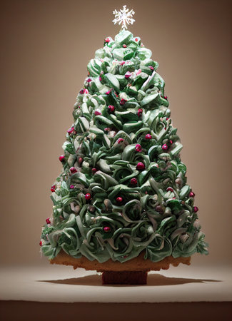 Green Christmas tree cream cake with red decorations and a star on top