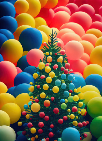 Decorated Christmas tree with colorful balloons in the backgroundの写真素材