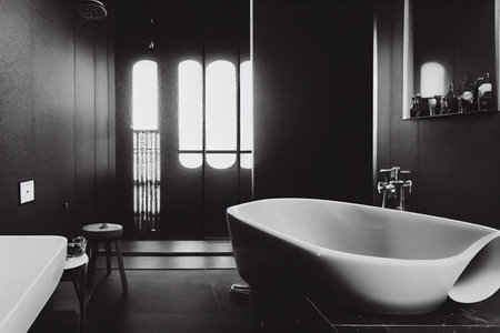 Black and simple bathroom interior with a white bath in a dim lightの写真素材