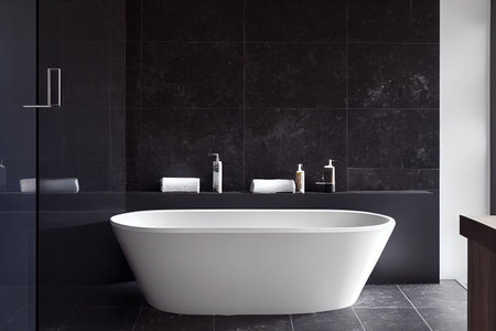 Black and simple bathroom interior with a freestanding white bathの写真素材