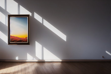 Framed vertical photo on a gray wall in an empty room, 3d mockup illustrationの写真素材