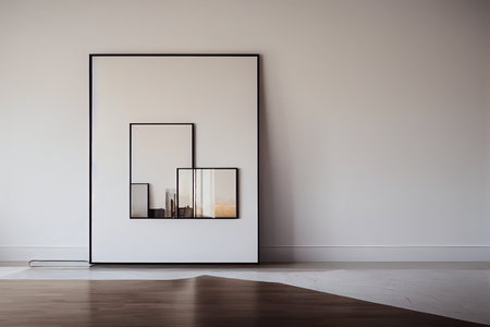 Framed artwork mockup standing on the floor against white wall, 3d illustrationの写真素材