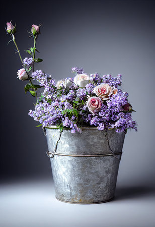 Bouquet of wildflowers and pink roses in a silver metal bucketの写真素材