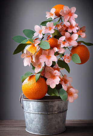 Silver metal bucket with oranges and flowers inside, surreal composition of citrus fruits and blooming flowersの写真素材