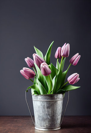 Silver metal bucket with tulip bouquet for Women's day or special occasionの写真素材