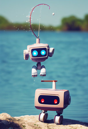 Little robots playing and having fun at the river. Robots swimming and flying on their vacation from work 3d illustrationの写真素材
