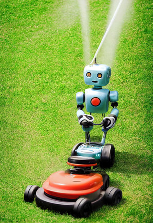 Autonomous robot lawnmower, futuristic robot mowing lawn & cutting grass