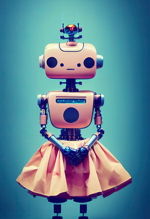 Cute robot girl wearing stylish skirt, robot lady high fashion, woman robot fashion expert 3d...
